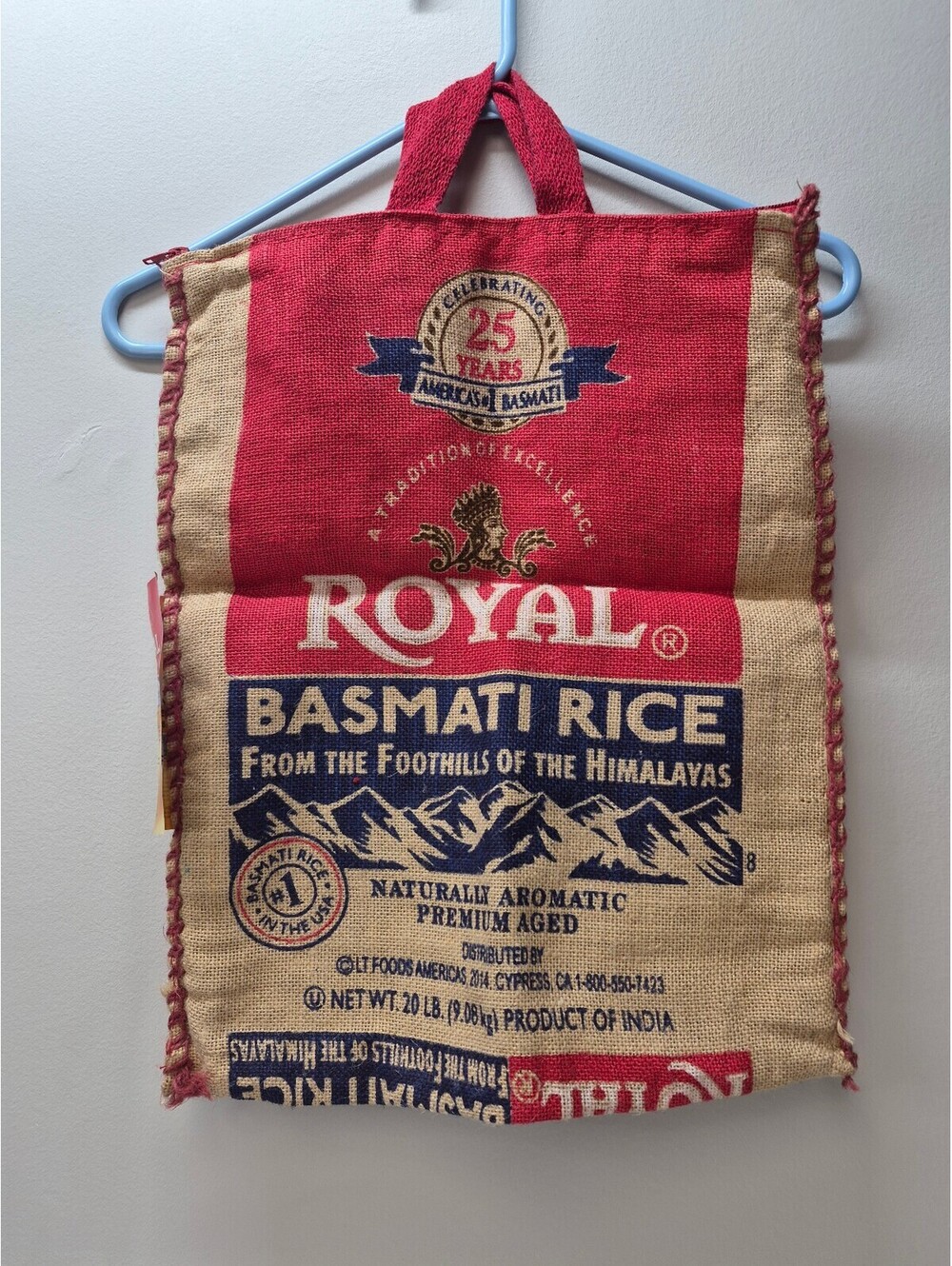 Empty Royal Basmati Rice Burlap Bag with Handle and Zipper from India B372